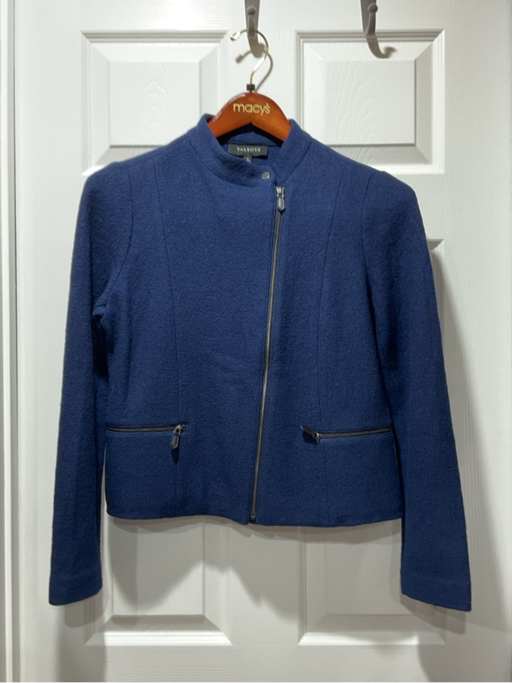 Classy Talbots Navy Asymmetrical Zip Wool Blend Blazer